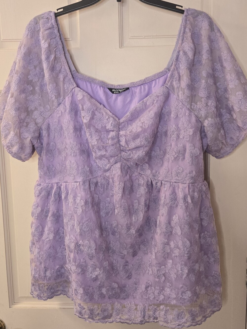 BloomChic Lavender Lace Puff-Sleeve Peplum Top